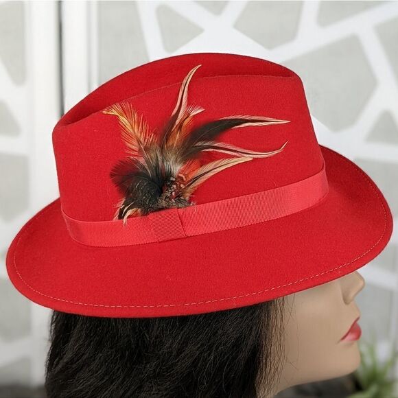George GEO W Bollman 100% Wool Classic Red Fedora Hat With Feather In Band - Picture 1 of 7